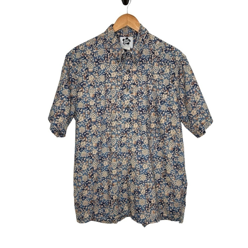 Vintage Hilo Hattie Mens Floral Pineapple Hawaiian Popover Shirt Sz Large Blue